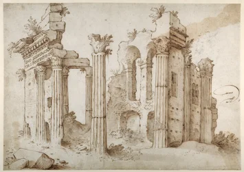 Colúnias de ruínas do Templo de Minerva, Fórum de Nerva, Roma (caneta e tinta marrom com lavagem em papel)