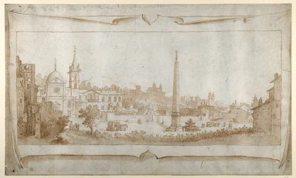 Desenho para um frontispício com vista para Roma dentro da Porta del Popolo e vista para o Pincio (caneta e tinta com lavagem sobre papel)