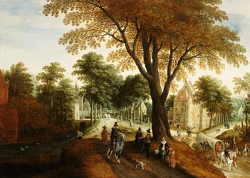 Cavaleiros e figuras elegantes em um caminho na frente de um castelo