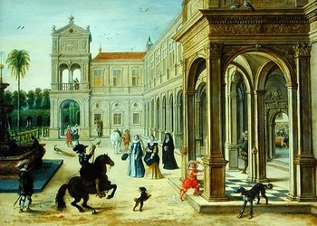 Cavaleiro e Figuras Elegantes Fora de um Pátio Palácio (óleo sobre painel)