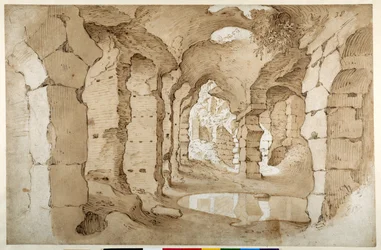 Dentro das ruínas do Coliseu (caneta e tinta marrom com lavagem marrom sobre papel branco)