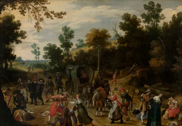 Paisagem com Viajantes atacados por Assaltantes (óleo no painel)