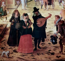 Paisagem com a Villa Medici em Roma, Itália. Pormenor: elegantes passeantes e músicos no parque. Século XVII, Nápoles, Museo Nazionale di Capodimonte