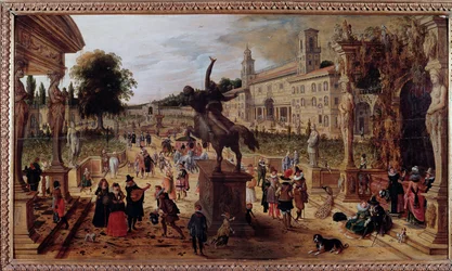 Paisagem com a Villa Medici em Roma, Itália. Passeantes elegantes e músicos no parque. Século XVII, Nápoles, Museo Nazionale di Capodimonte