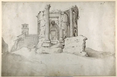 Ruínas do Templo da Sibila de Tiburtine em Tivoli (caneta e tinta marrom com lavagem cinza marrom sobre papel branco)