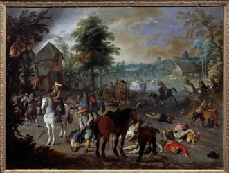 Cena de saque numa aldeia Pintura de Sebastien Vrancx (1573-1647) (ec.flam.) Nimes do século XVII, Museu de Belas Artes
