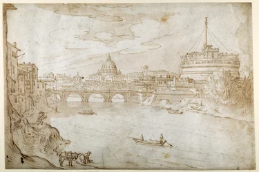 Vista do Tibre olhando para São Pedro com o Palácio do Vaticano e o Castel S. Angelo (caneta e tinta marrom com lavagem marrom sobre papel branco)
