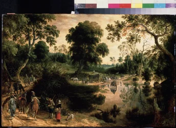 Viajar com escolta militar. Pintura de Sebastiaen Vrancx (1574-1647). Óleo sobre madeira, 38,5 x 59 cm, cerca de 1610. Arte flamenga, arte barroca. Museu Pushkin de Belas Artes, Moscou.