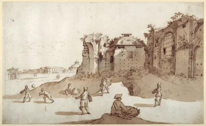 Jovens jogando pelota dentro dos banhos de Diocleciano; S. Bernardino ao longe; a longa parede de Bellaiani (caneta e tinta marrom com lavagem marrom sobre papel)
