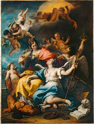 Alegoria da França sob a figura de Minerva que espezinha a Ignorância e coroa a Virtude ...