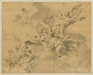 Uma rainha condenada ao inferno por anjos vingadores, c.1676-1746 (caneta, tinta e aguada sobre papel)