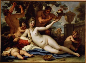 Bacchante et satyres (Bacante e Sátiros). Os sátiros colhem as uvas da videira e servem vinho tinto à bacante, um nu feminino reclinado. Pintura de Sebastiano Ricci (1659-1734), cerca de 1713. Arte veneziana. Óleo sobre tela. Museu Hermitage, Sa