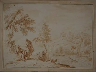 Paisagem Pastoral Extensiva com Hill-town, c.1720 (tinta castanha e lavagem)
