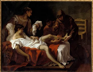 Santo Antônio de Pádua (san antonio di padova) guerreando um jovem que tinha amputado o pé para se castigar por ter golpeado sua mãe Pintura de Sebastiano Ricci (1659-1734)
