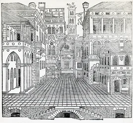 Cena mágica, projecto de cenário teatral de Sebastiano Serlio (1475-1554), ilustração do Tratado de Arquitectura, livro II