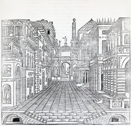 Cena mágica, desenho de cena teatral de Sebastiano Serlio (1475-1554), ilustração do Tratado de Arquitetura, Livro II