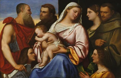 Madonna e criança com santos e doadores.