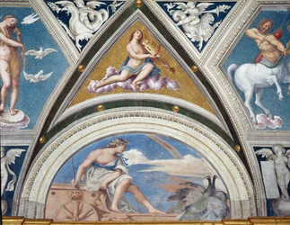 Loggia della Galatea Loggia do Galatea detalhe da decoração da abóbada representando Juno em sua carruagem e um violinista, 1506 afrescos