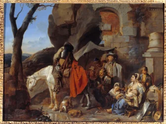 Parada dos soldados, anteriormente chamados Halte de bohemiens Pintura por Sebastien Bourdon (1616-1671) Sol do século XVII. 0,43x0,58 m