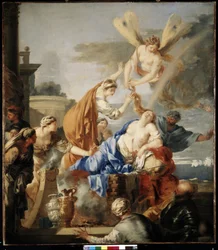 A Morte de Dido" Dido, a Rainha de Cartago, incapaz de suportar o abandono de Enéas, prefere matar-se numa estaca com a espada de Enéas. A deusa Íris corta o cabelo de Dido com uma tesoura, simbolizando a transição da vida para a morte.