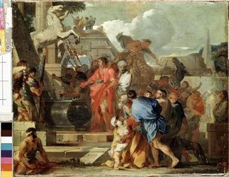 ""O imperador Augusto visita o túmulo de Alexandre o Grande durante sua campanha egípcia"" (Augusto antes do túmulo de Alexandre, o Grande) Pintura de Sebastien Bourdon (1616-1671) 1650-1660 Dom. 45,5 x56,5 cm Museu Hermitage, São Petersburgo