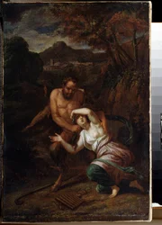 ""Pan et la nymphe Syrinx"" (Pan e Ninfa Syrinx) Pintura de Sebastien Bourdon (1616-1671) Século XVII Museu ao Ar Livre Palácio Gatchina, São Petersburgo