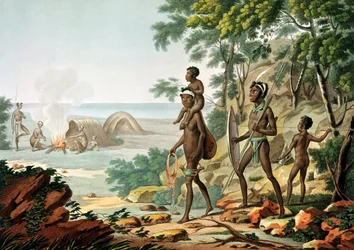 Port Jackson, New Holland: Família Aborígene, de "Viagem ao Redor do Mundo em Corvettes of Urania" gravada por Boisseau e Forget, publicada em 1817-20
