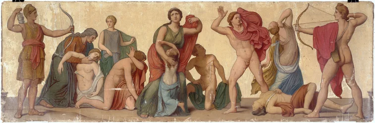 "O Massacre dos Nióbios", composição do átrio da casa pompeiana do Príncipe Napoleão, cerca de 1860 (óleo sobre tela sobre madeira)