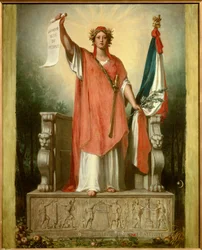 A república. Personificação da República (Marianne) com um pergaminho em que está escrito "soberania do povo" e a bandeira tricolor. Pintura de Sebastien Cornu (1804-1870)