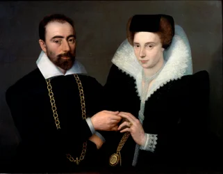 Retrato de um casal. Ambos vestem de preto, a mulher usa uma gola de guipura. Pintura da Escola de Fontainebleau