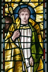 Mortehoe, St Mary, Heaton Butler e Bayne, Selwyn imagem, Arcanjo St Raphael detalhe, c.1890