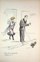 Casal à espera de um cão para terminar o seu negócio, c.1921 (cor litho)