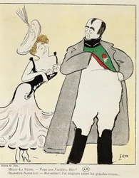Ator Albert Bresseur 1901 (1862-1932) no papel de Napoleão em Madame Sans-Gene, de Victorien Sardou (1831-1908), caricatura de 1893 (ilustração)