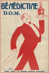 Publicidade para o digestivo (licor) "Benedictine" (D.O.M.) Um rapaz do café transporta uma garrafa numa bandeja. Desenho por Sem (1873-1932). 1911.