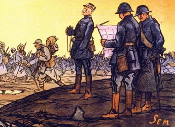 O general Ferdinand Foch (1851 - 1929) observa as suas tropas a marchar pelo campo de batalha. Pormenor de um cartaz para o empréstimo nacional «Há um último quarto de hora... ajudai-me! As subscrições do Empréstimo Nacional são recebidas por Sem»