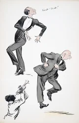 Dois homens de terno dançando enquanto um músico toca trompete, de White Bottoms, pub. 1927 (impressão de bloco de cor)