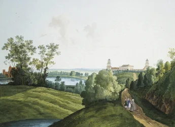 "Paisagem com uma Quinta no Parque em Tsarskoye Selo" por Semyon Fyodorovich Shchedrin (Semion Chtchedrine) (1745-1804). Gouache e tinta sobre papel