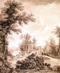Vista do Obelisco Connetável em Gatchina, gravado por Ivan Dmitrievich Telegin (b.1779), c.1800 (gravura com gravura)