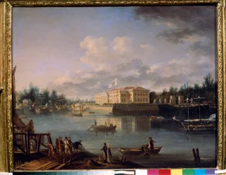 Vista do Palácio Kamennoostrovsky do Cais de Strogonov, São Petersburgo. Pintura por Semyon Fyodorovich Shchedrin (Semion Shchedrin) (1745-1804), óleo sobre tela