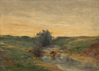 Lavadeira junto ao ribeiro ao pôr do sol