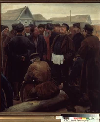 Conheça a comunidade rural. (Na Reunião da Comunidade do País). Grupo de camponeses russos na frente de fazendas. Obra de Sergei Alexeyevich Korovin (1858-1908), óleo sobre papel