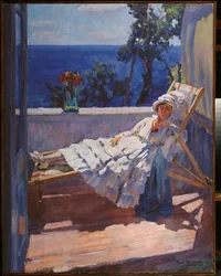 Une dame sur le balcon (A Lady on the Balcony) - Peinture de Sergei Arsenyevich Vinogradov (1869-1938), huile sur toile
