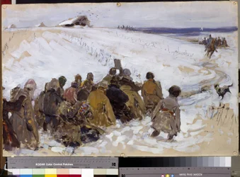 Uma expedição punitiva. Pintura de Sergei Vasilyevich Ivanov (1864-1910). Óleo sobre papelão. Moscou, Galeria Estatal Tretyakov.