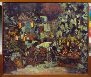 Desenho de palco para a ópera Don Quijote de Jules Massenet (1842-1912) - Desenho de palco para a ópera Don Quijote de Jules Massenet - Pintura de Sergei Ivanovich Petrov (1881-1936), óleo sobre tela - Arte cenográfica russa - Estado Central M Glinka Mu
