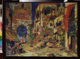 Vista de uma rua. Decoração preparatória para a ópera Don Quichotte de Jules Massenet (1842-1912). Pintura de Sergei Ivanovich Petrov (1881-1936), óleo sobre tela. Arte cenográfica russa, século XX. Museu de Música do Estado Central M. Glinka, Moscovo.
