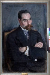 Retrato do poeta Valeri Iakovlevitch Brioussov (1873-1924) (Retrato do poeta Valery Bryusov). Oeuvre Sergei Vasilyevich Malyutin (Serguei Malyutine) (1859-1937), pastel sur papier.