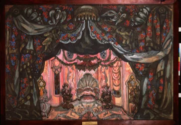 Decoração preparatória para a peça "As Bodas de Fígaro" de Pierre Augustin (Pierre-Augustin) Caron de Beaumarchais (1732-1799). Obra de Sergei Yurievich Sudeykin (Serge Soudeikine) (1882-1946), guache e têmpera sobre papelão