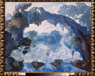 Desenho de palco para o Ballet O Lago dos Cisnes por Tchaikovsky (1840-1893) - Por Sergei Sudeykin (Sergey Sudeikin) (1882-1946), óleo a bordo