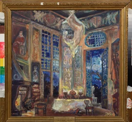 Decoração preparatória para a ópera cômica ""La fille de madame Angot"" de Charles Lecocq (1832-1918) (cenário para a Opereta La Fille de Madame Angot de Ch Lecocq) - Obra de Sergei Yurievich Sudeykin (Serge Soudeikine) (1882) -1946), guache e têmpera