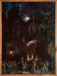 Espanha (Cena de lazer, sociedade a andar na rua à noite). Pintura de Sergei Yurievich Sudeykin (Sergei Sudeikin) (1882-1946), óleo sobre tela, ca. 1910. Arte russa, século XX. Museu Estatal de História, Arquitectura e Arte ao Ar Livre, Psko